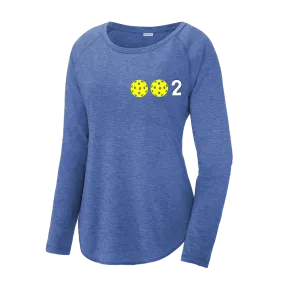 002 With Pickleballs (Colors Yellow Green White Pink Purple) Customizable | Women's Long Sleeve Scoop Neck Pickleball Shirts | 75/13/12 poly/cotton/rayon