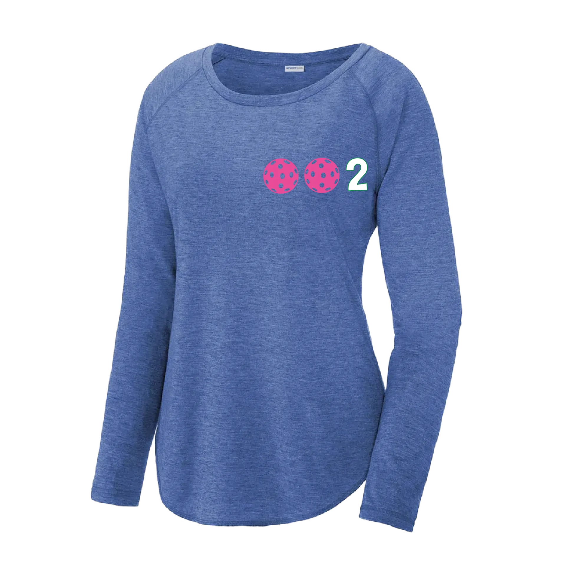 002 With Pickleballs (Colors Yellow Green White Pink Purple) Customizable | Women's Long Sleeve Scoop Neck Pickleball Shirts | 75/13/12 poly/cotton/rayon