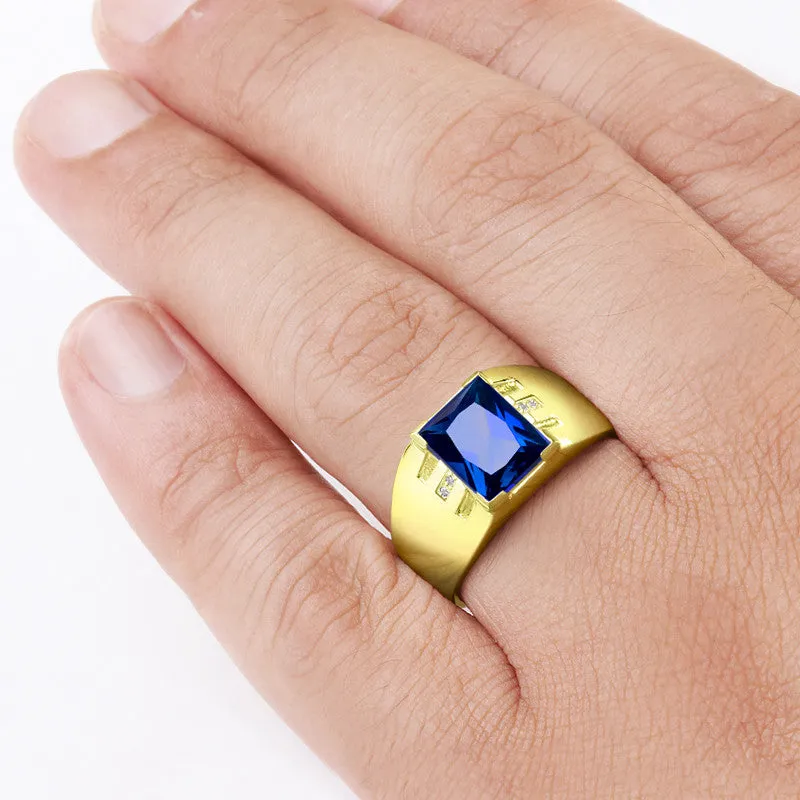 10k Yellow Gold Men's Ring with Sapphire and Genuine Diamonds