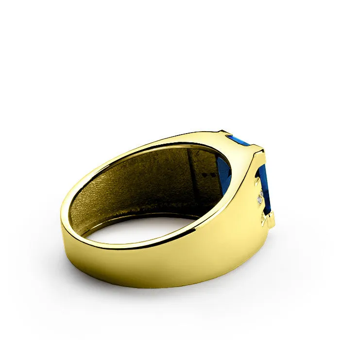 10k Yellow Gold Men's Ring with Sapphire and Genuine Diamonds