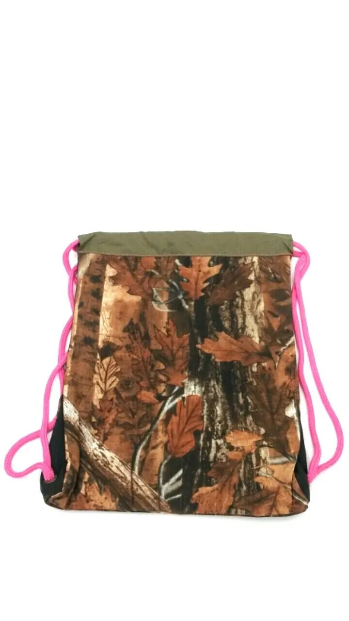 13 inch Explorer Tactical Camo Chik Pink trim Drawstring Backpack