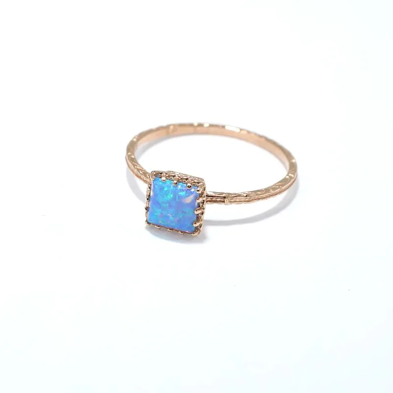 14K Rose Gold Square Blue Opal 5X5mm Ring