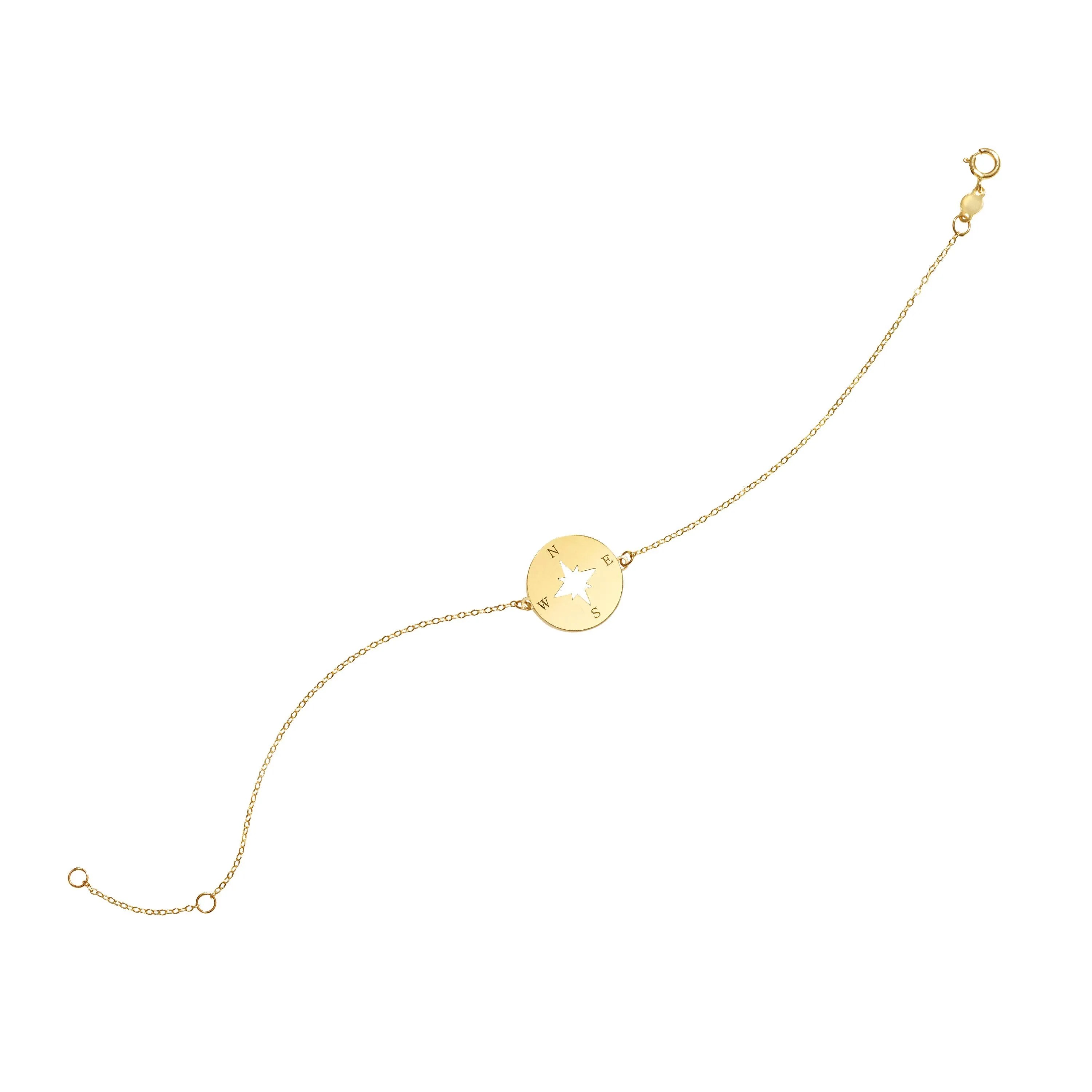 14k Yellow Gold Compass Charm Chain Bracelet, 7