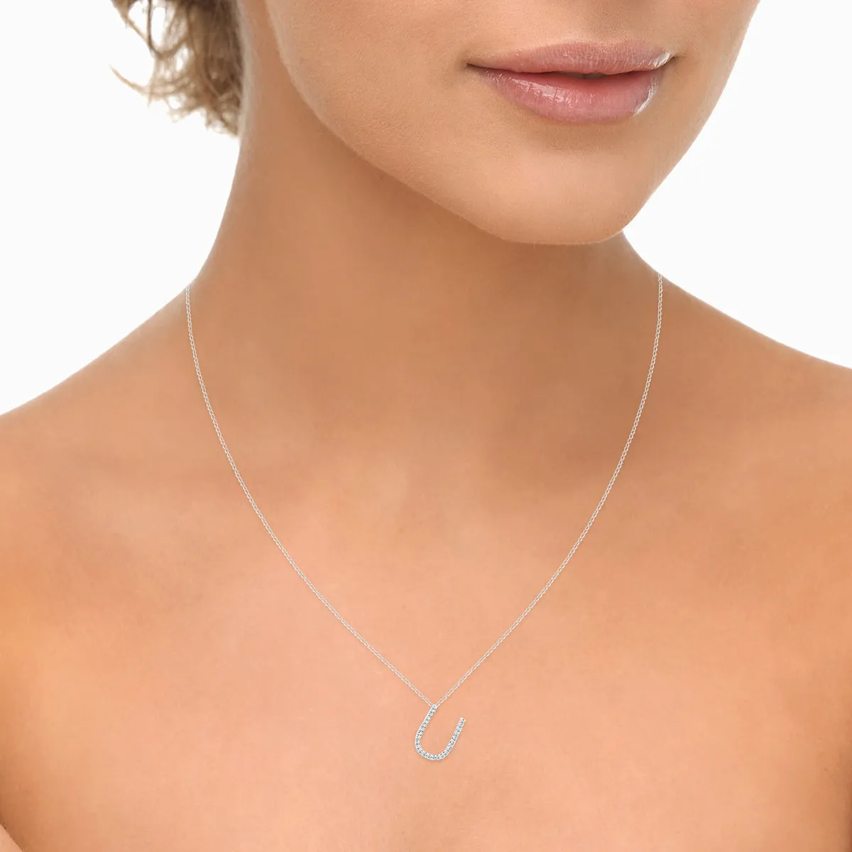 1/6 Carat Tw U Initial Diamond Pendant Necklace In 10K White Gold With Adjustable Chain