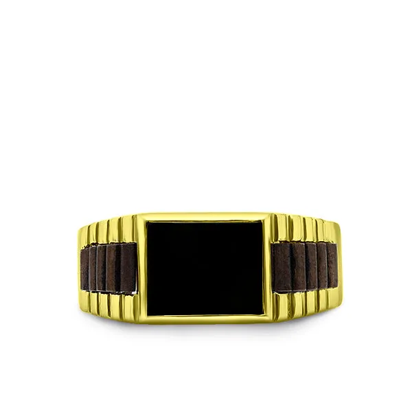 18K Yellow Gold Plated Mens Heavy Silver Ring Band Onyx Stone Modern Man Jewelry