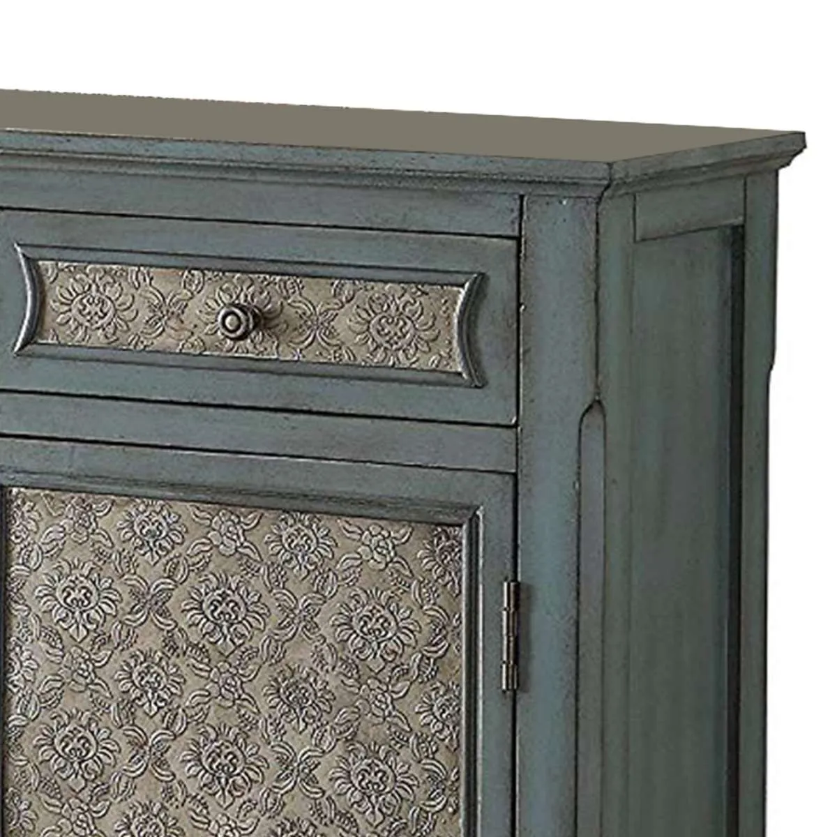 2 Door Cabinet Wooden Console Table With Scalloped Apron, Distressed Blue  By Benzara