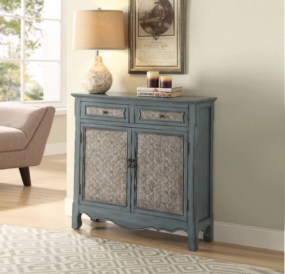 2 Door Cabinet Wooden Console Table With Scalloped Apron, Distressed Blue  By Benzara