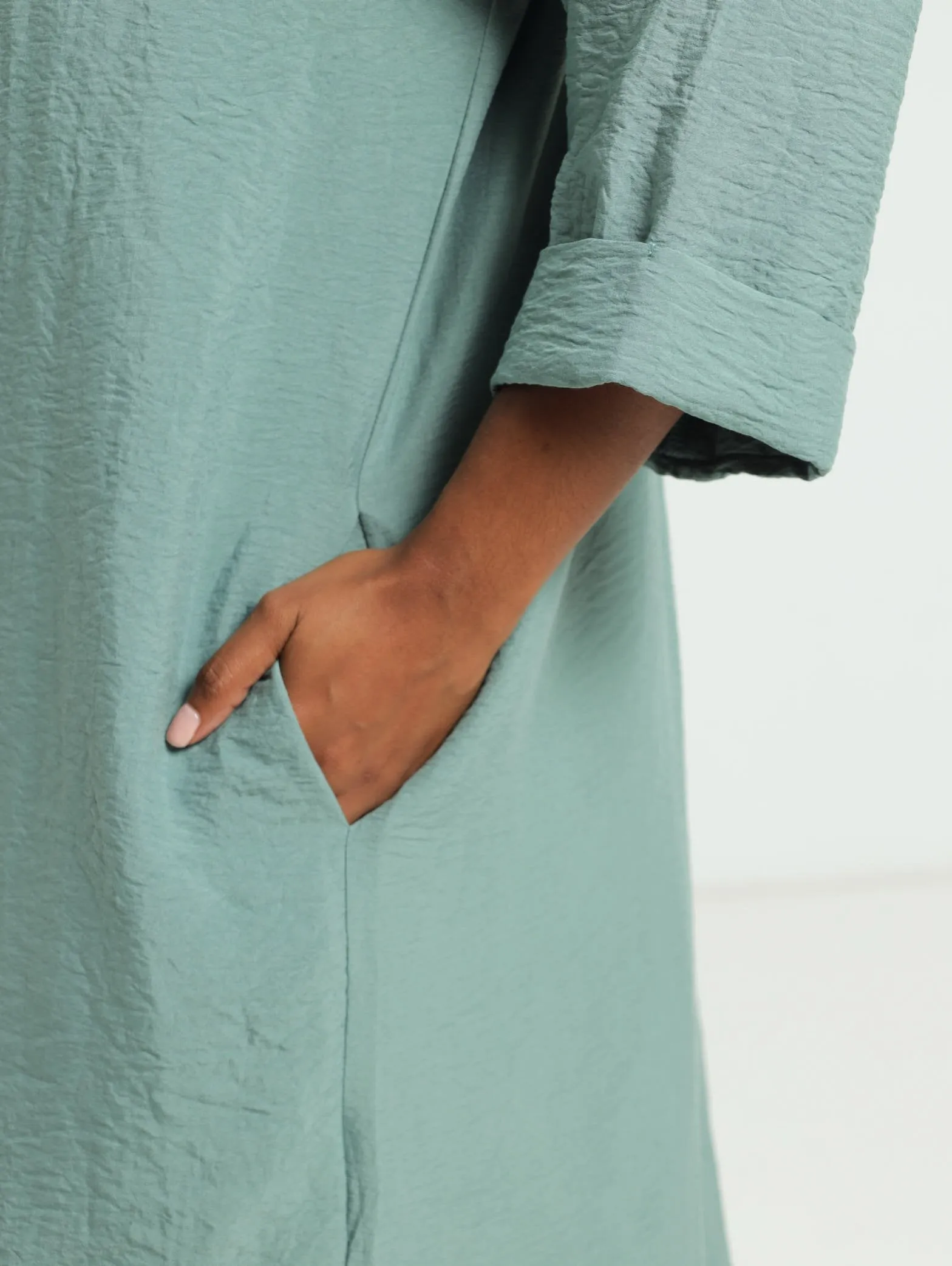 3/4 Sleeve Midi Shirt Dress - Sage