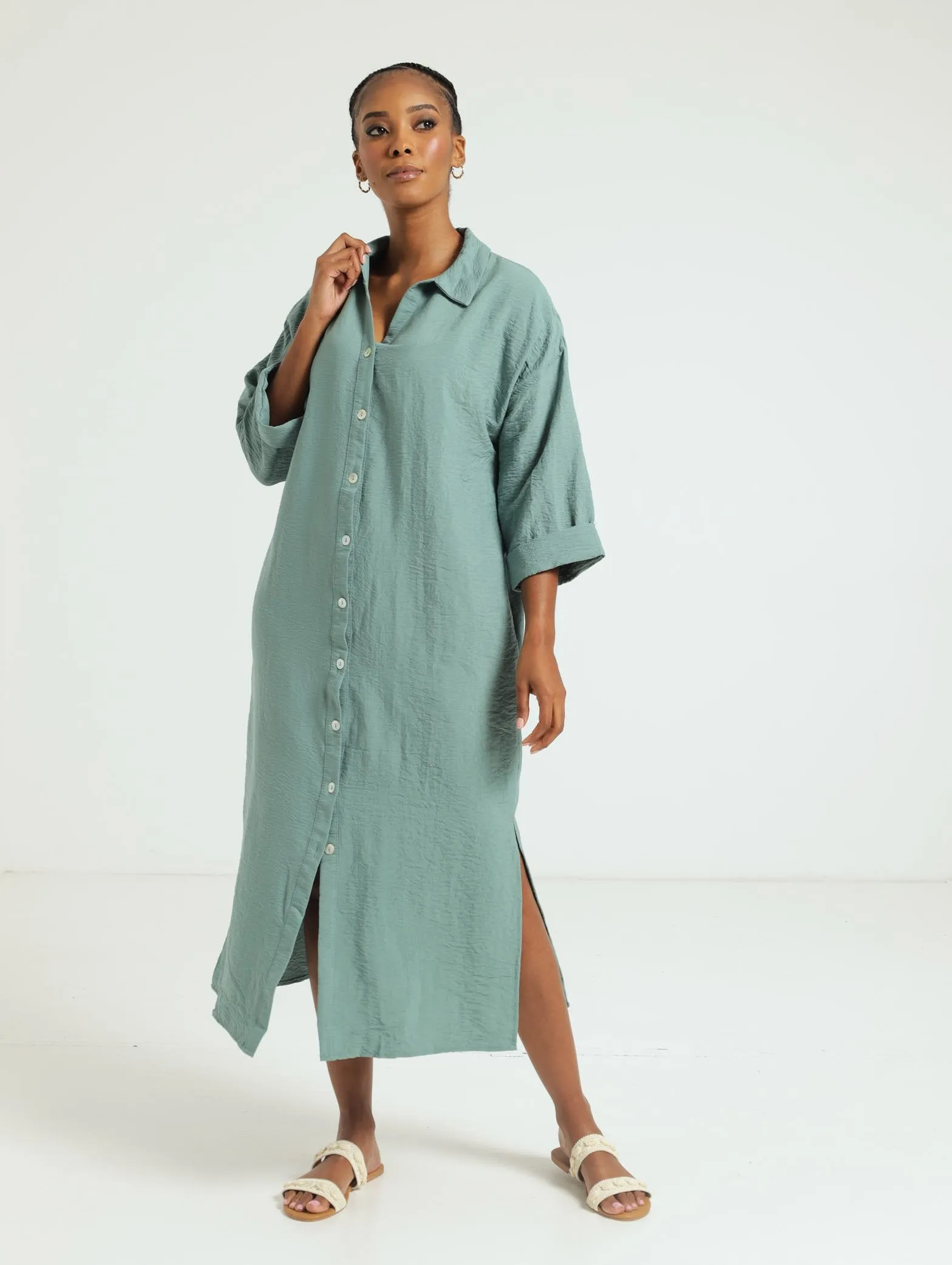 3/4 Sleeve Midi Shirt Dress - Sage