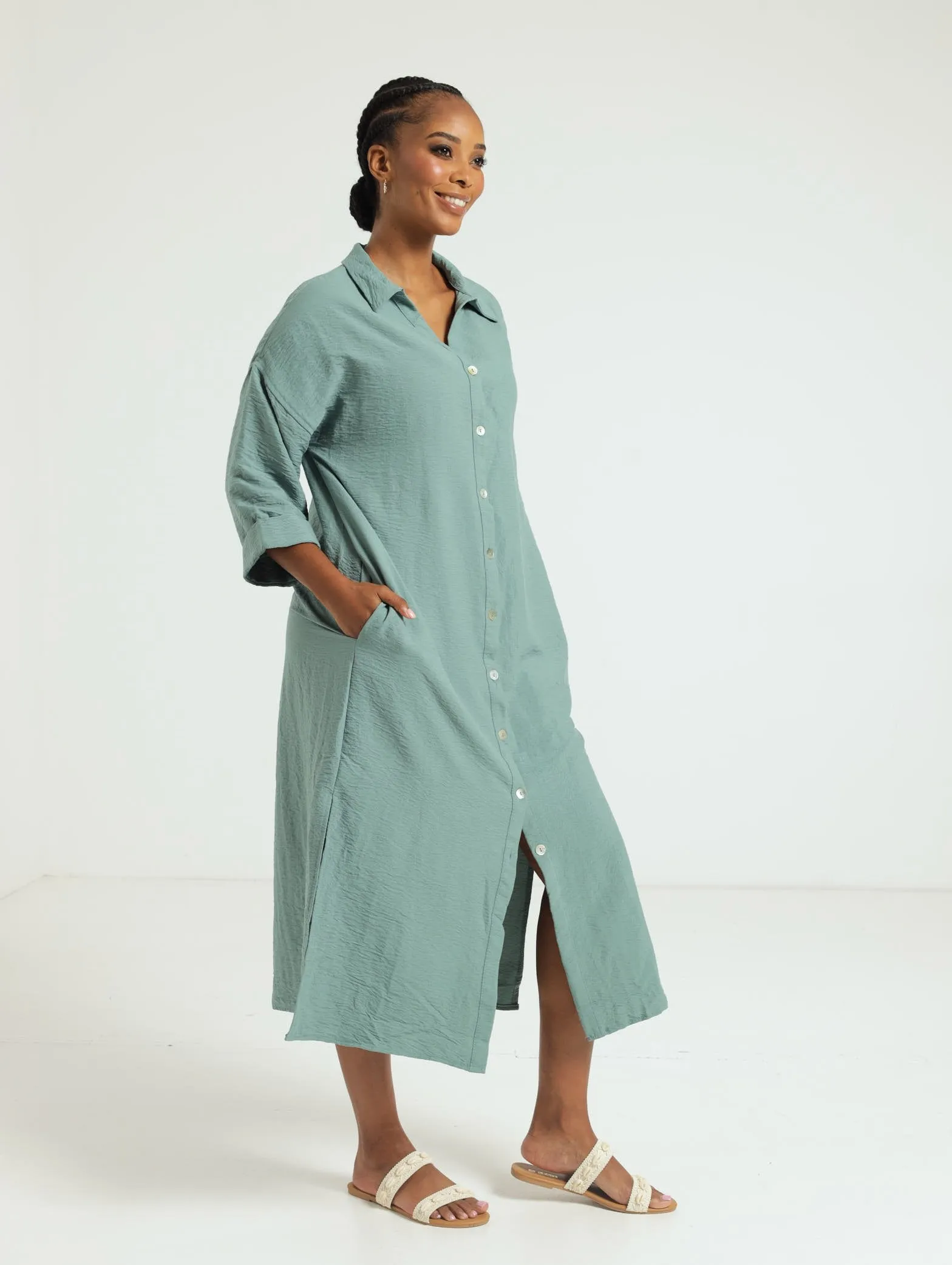 3/4 Sleeve Midi Shirt Dress - Sage