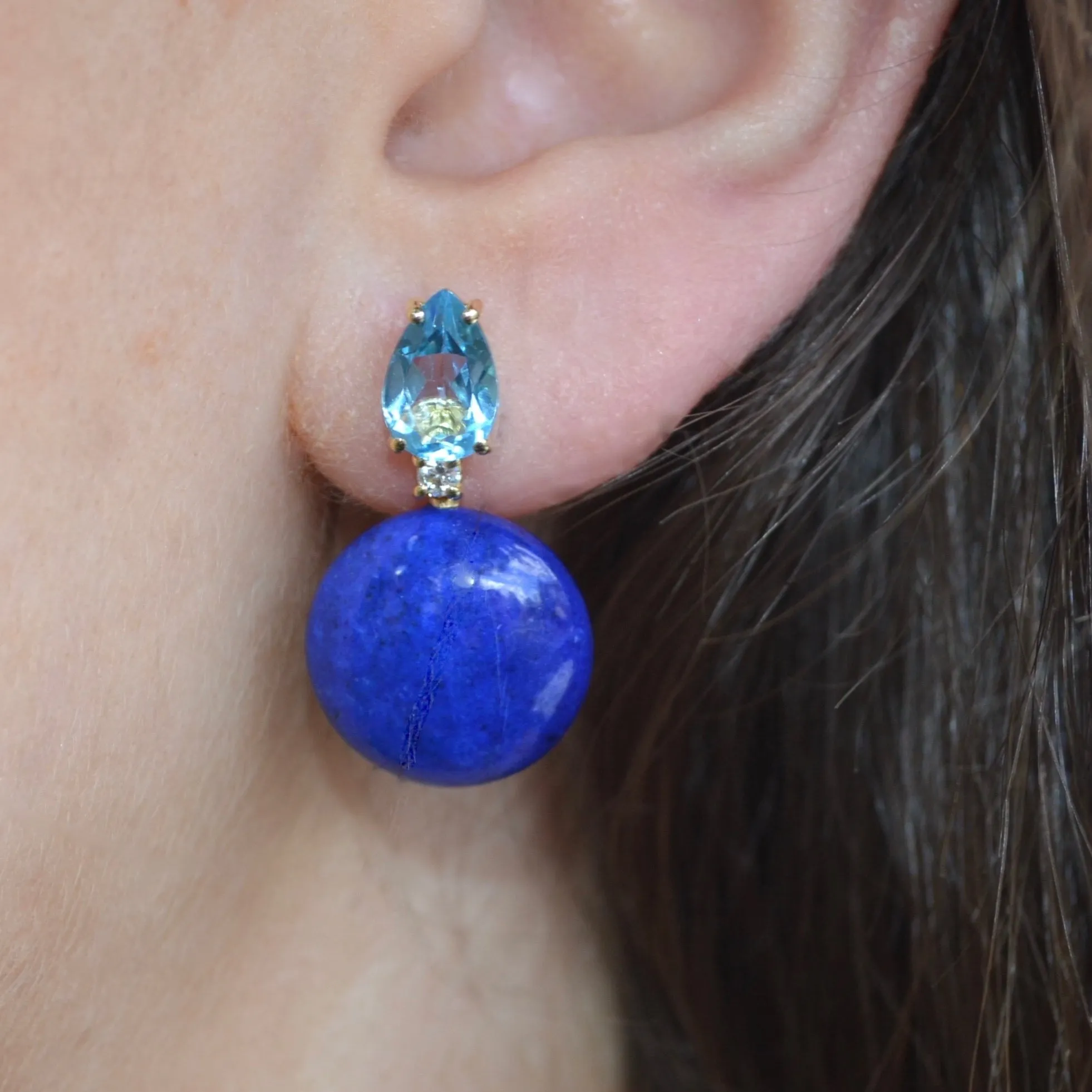 A & Furst - Bonbon - Drop Earrings with Blue Topaz, Lapis Lazuli and Diamonds, 18k Yellow Gold