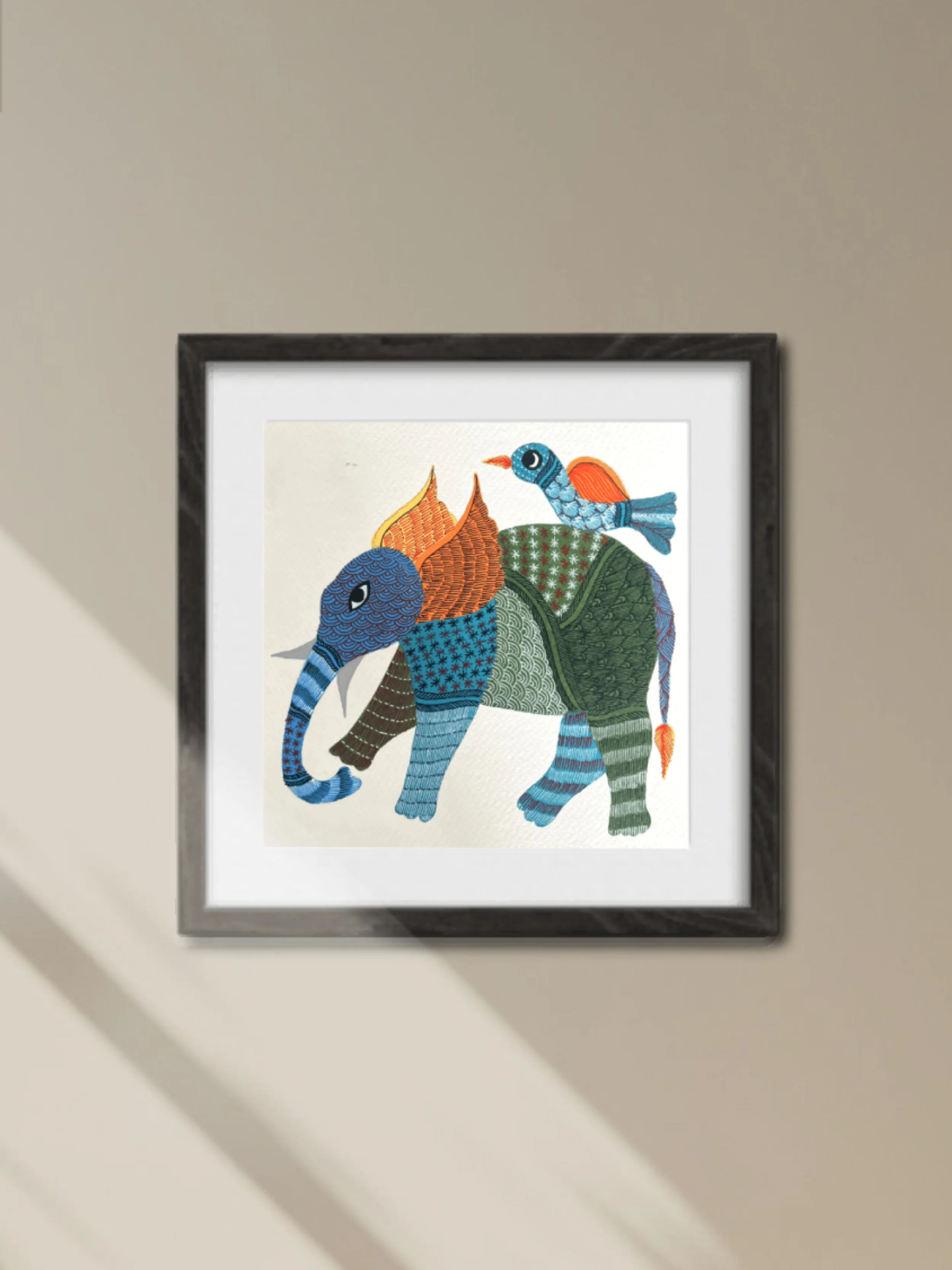 A Bird and an elephant In Gond by Kailash Pradhan