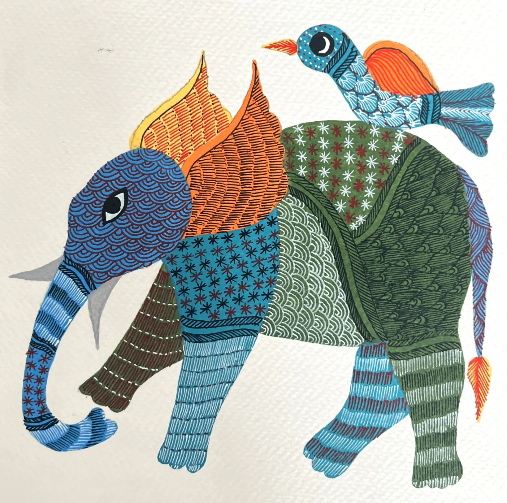 A Bird and an elephant In Gond by Kailash Pradhan