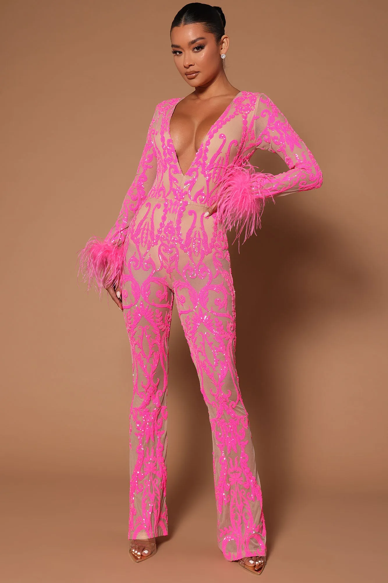 A Dancing Queen Sequin Feather Jumpsuit - Pink