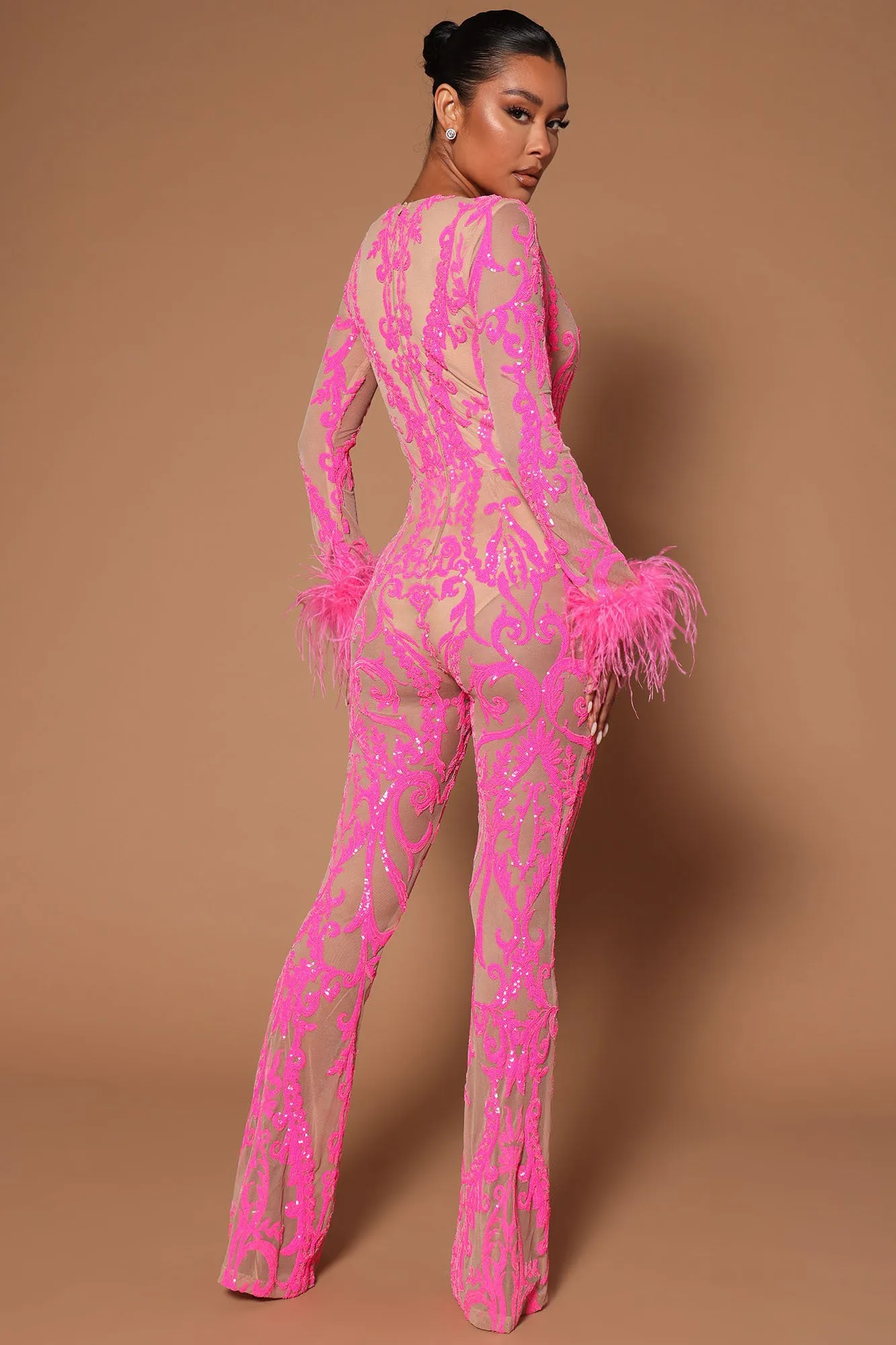 A Dancing Queen Sequin Feather Jumpsuit - Pink