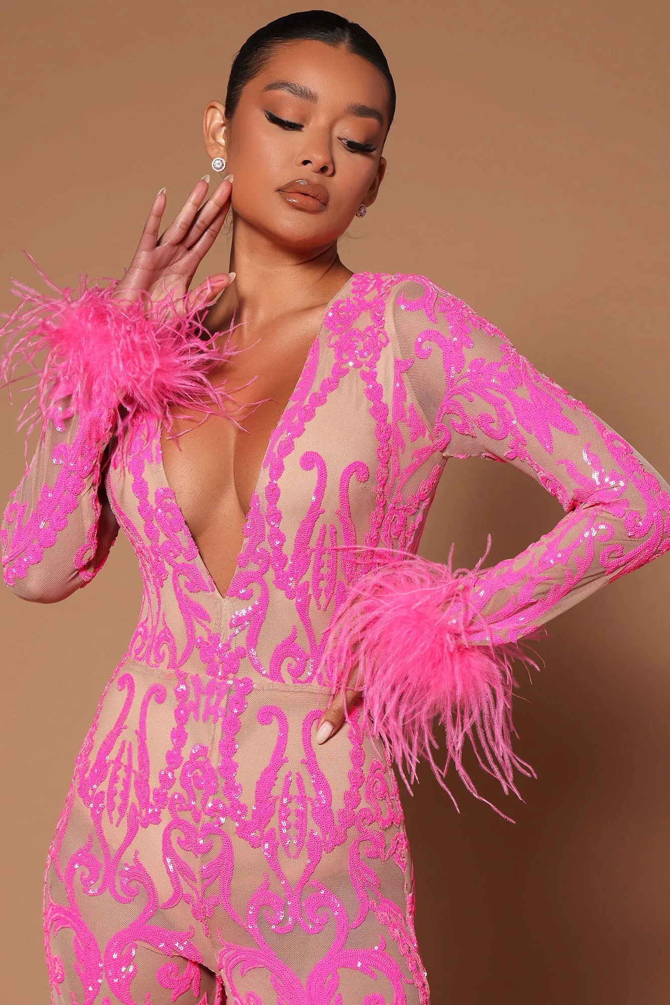 A Dancing Queen Sequin Feather Jumpsuit - Pink