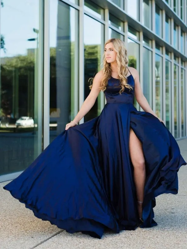 A Line Backless Navy Blue Satin Long Prom Dresses, Backless Navy Blue Formal Graduation Evening Dresses