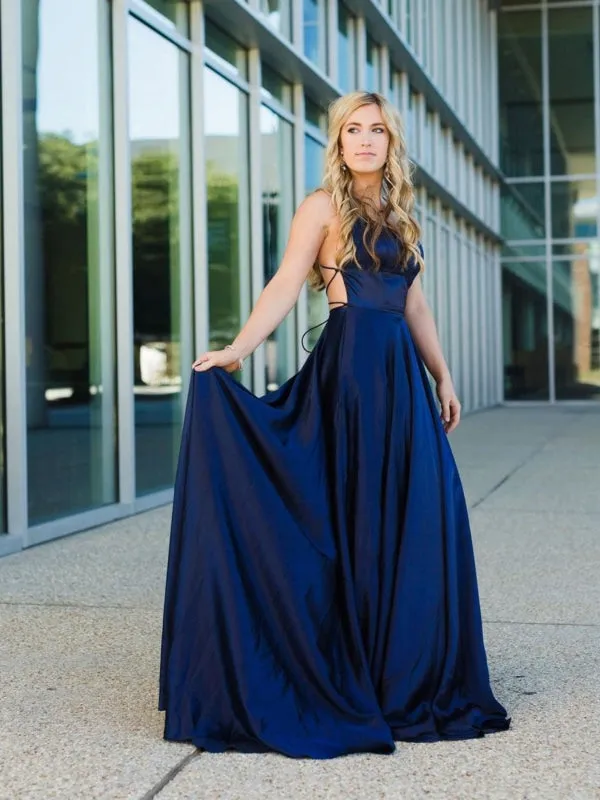 A Line Backless Navy Blue Satin Long Prom Dresses, Backless Navy Blue Formal Graduation Evening Dresses