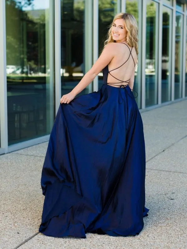 A Line Backless Navy Blue Satin Long Prom Dresses, Backless Navy Blue Formal Graduation Evening Dresses