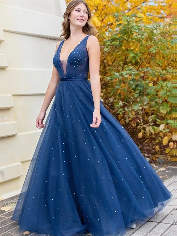 A Line V Neck Beaded Navy Blue Long Prom, V Neck Dark Blue Tulle Long Formal Evening