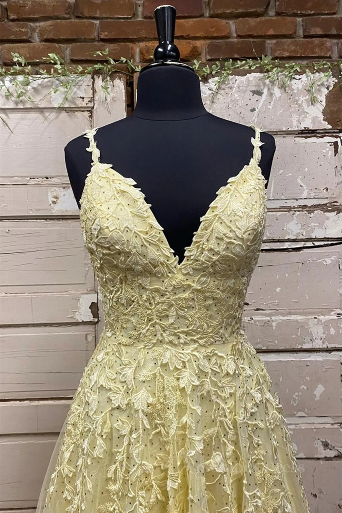 A Line V Neck Beaded Yellow Lace Tulle Long Prom Dress, Yellow Lace Formal Dress, Beaded Yellow Evening Dress