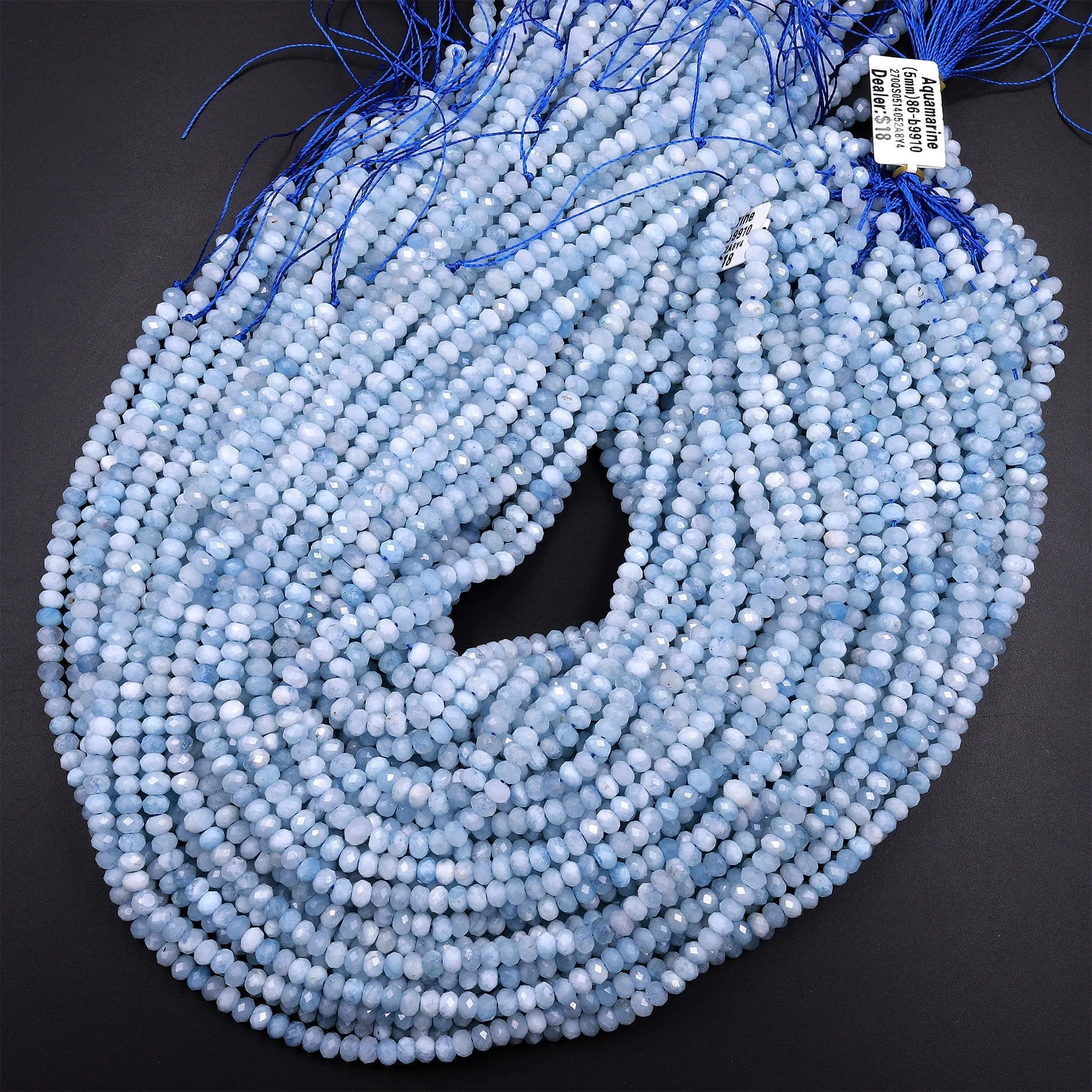 AA Faceted Natural Aquamarine 5mm Rondelle Beads Micro Laser Diamond Cut Real Genuine Gemstone 15.5" Strand