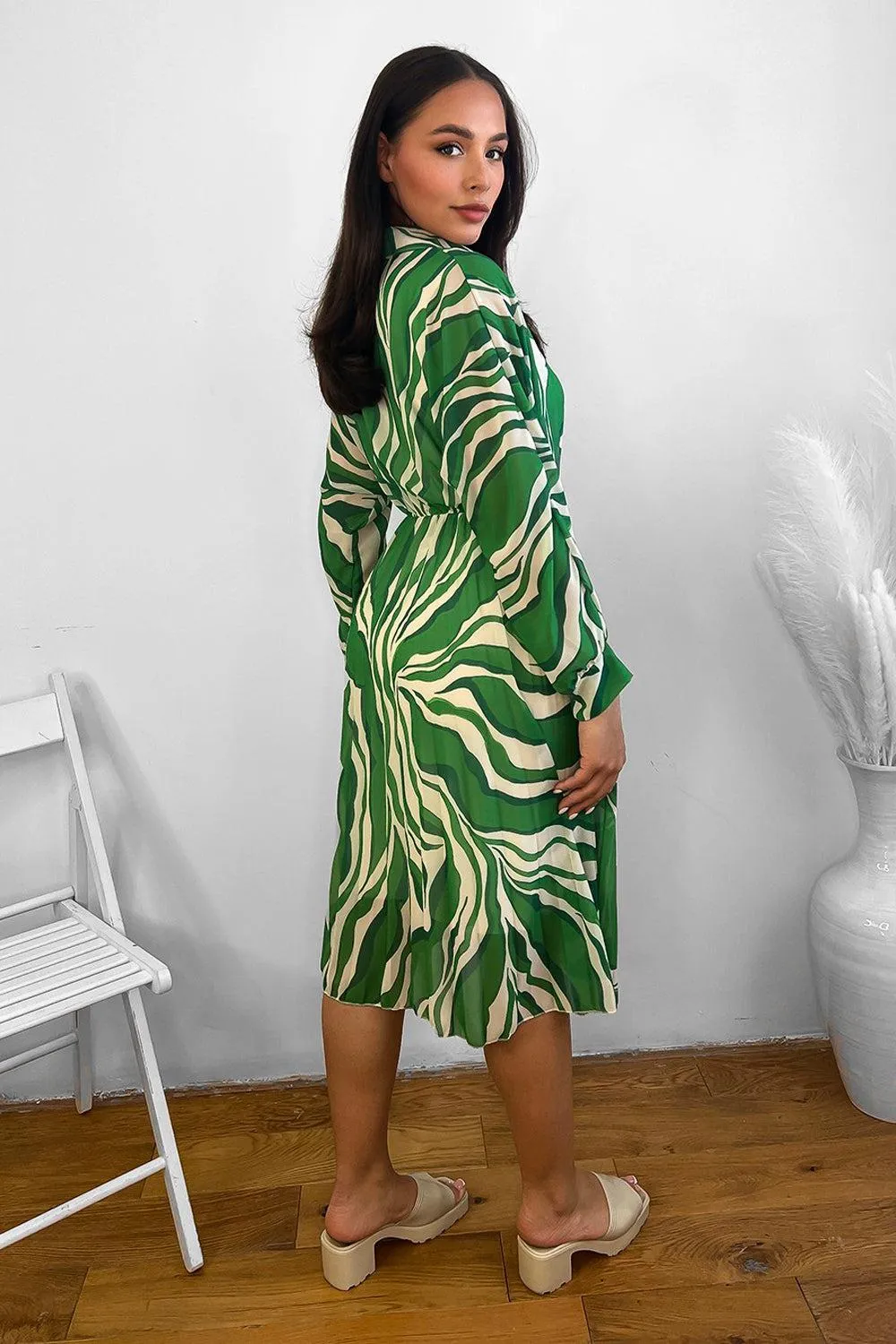 Abstract Zebra Print V-Neck Midi Dress