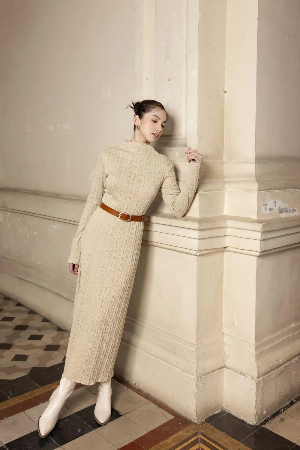 Adeline Straight Long Sleeved Knit Maxi Dress