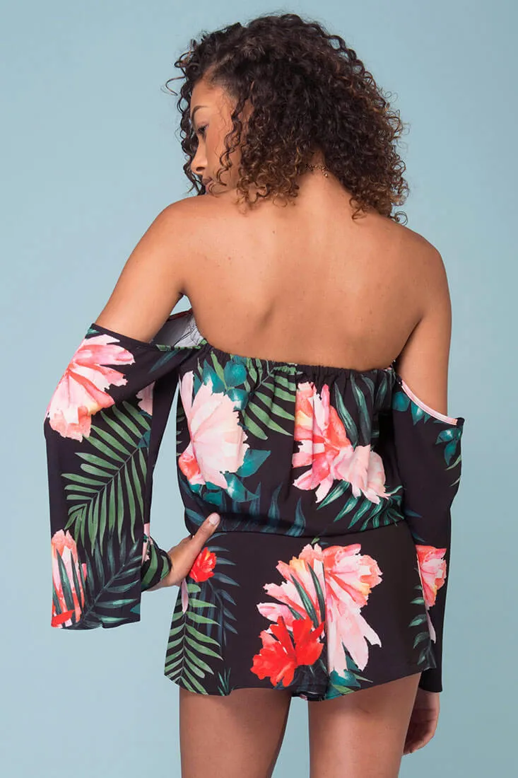 Alyssa Floral Off The Shoulder Romper Black