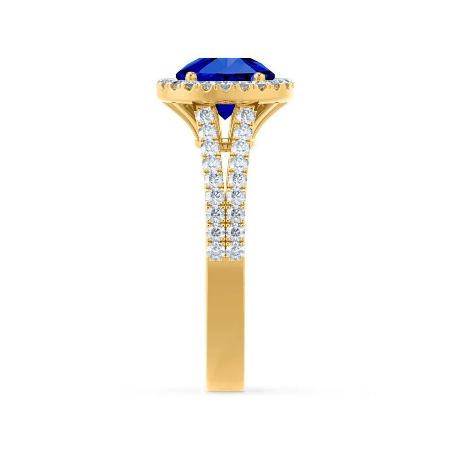 AMELIA - Chatham® Lab Grown Blue Sapphire & Diamond 18k Yellow Gold Halo Ring