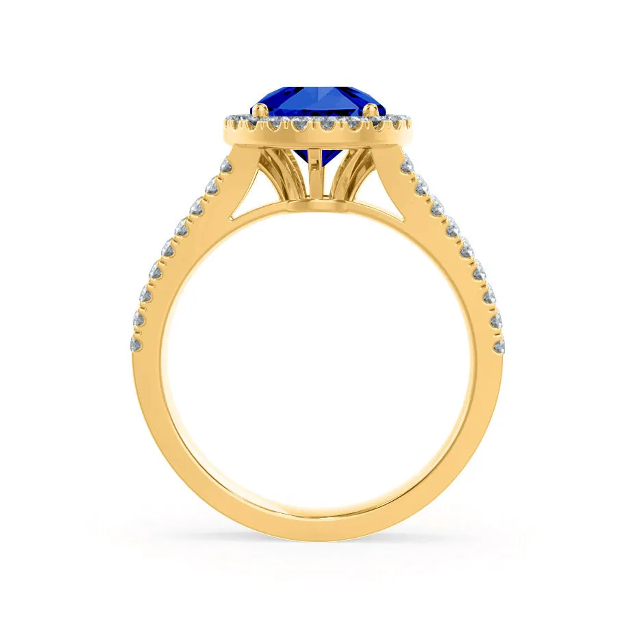 AMELIA - Chatham® Lab Grown Blue Sapphire & Diamond 18k Yellow Gold Halo Ring