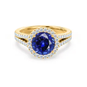 AMELIA - Chatham® Lab Grown Blue Sapphire & Diamond 18k Yellow Gold Halo Ring