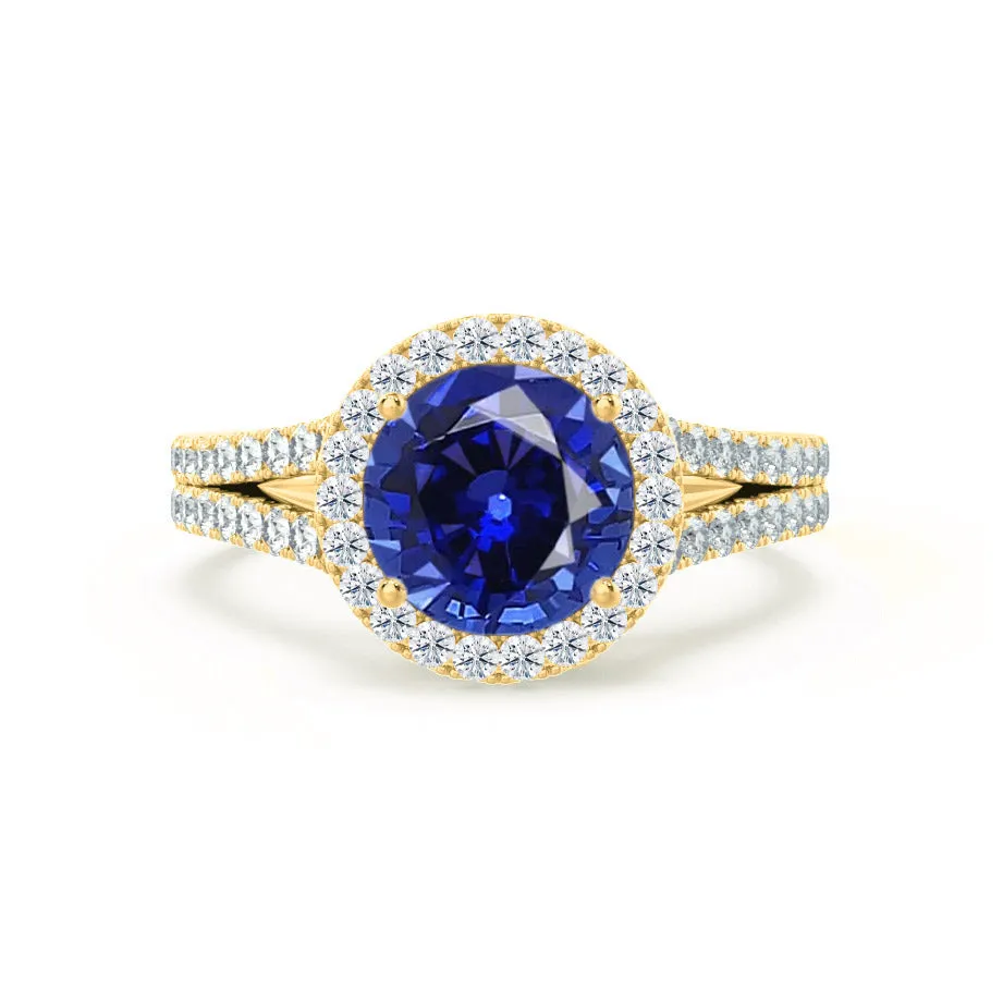 AMELIA - Chatham® Lab Grown Blue Sapphire & Diamond 18k Yellow Gold Halo Ring