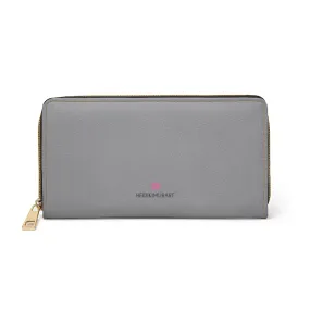 Ash Grey Color Zipper Wallet, Solid Color Long Compact Designer Premium Quality Women's Wallet