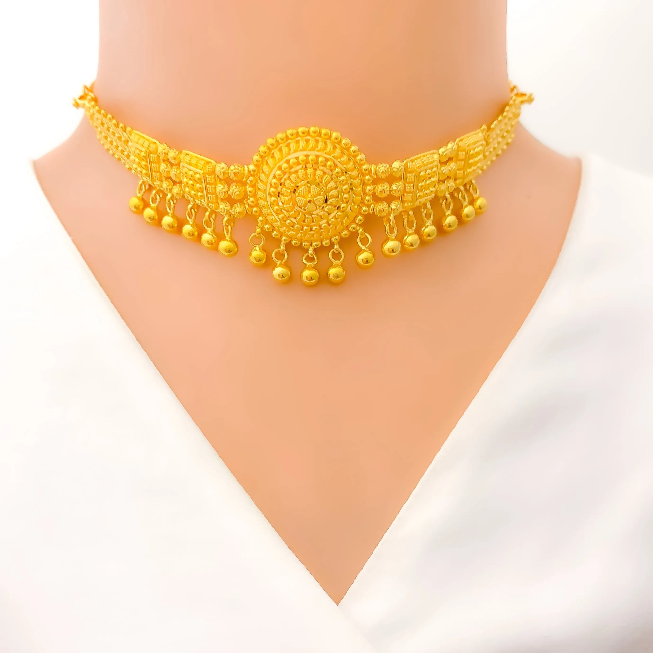 Attractive Floral Dome 22k Gold Choker w/ Beaded Tassels 2