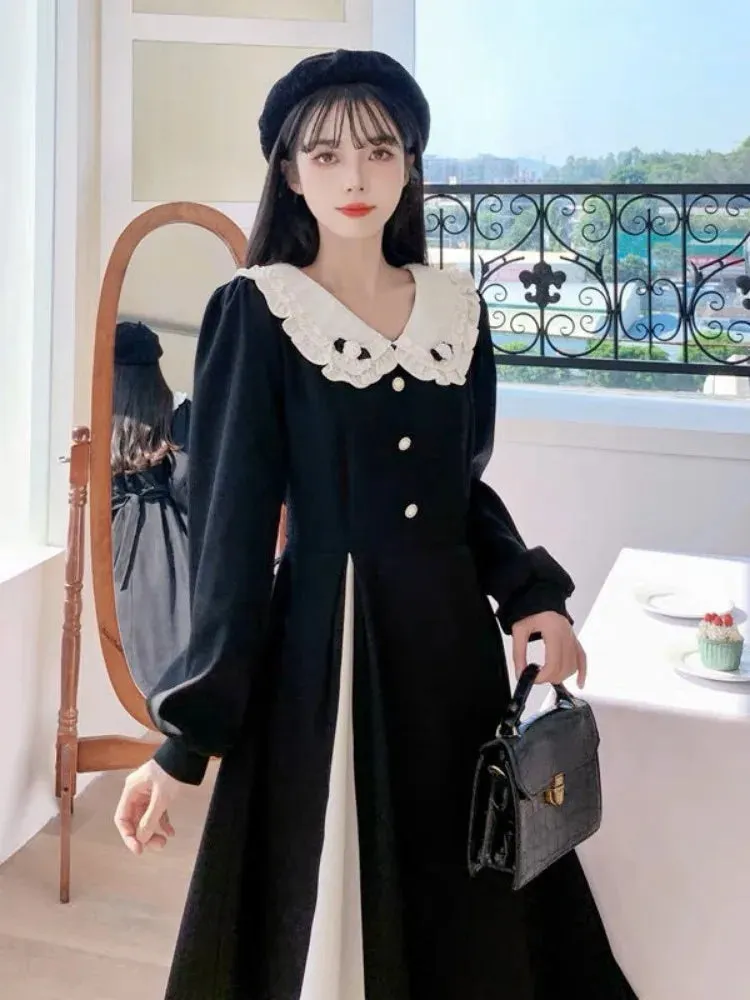 Autumn Black Kawaii Midi Dress Women 2023 Preppy Style School Student Peter Pan Collar Party Dresses Vintage