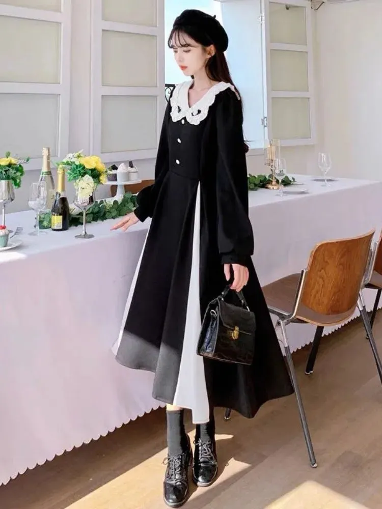 Autumn Black Kawaii Midi Dress Women 2023 Preppy Style School Student Peter Pan Collar Party Dresses Vintage