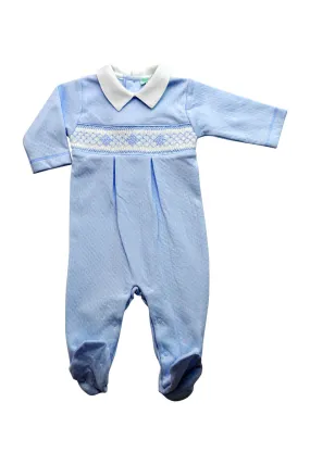 Baby Boy's Blue Jacquard Hand Smocked Footie