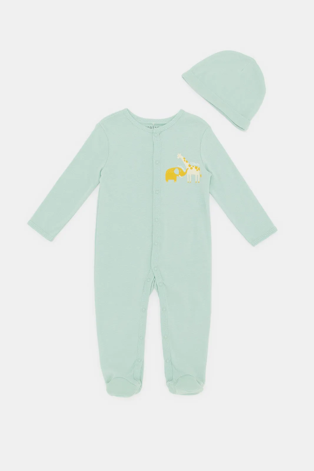 Baby Green Print Sleepsuit With Hat Set (2 Piece)