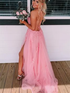 Backless Pink Lace Appliqued Long Prom Dress with High Slit, Pink Lace Formal Graduation Evening Dress