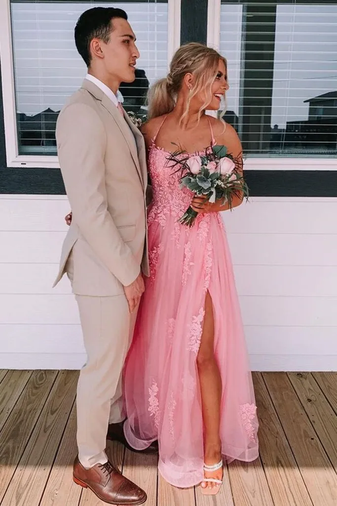 Backless Pink Lace Appliqued Long Prom Dress with High Slit, Pink Lace Formal Graduation Evening Dress