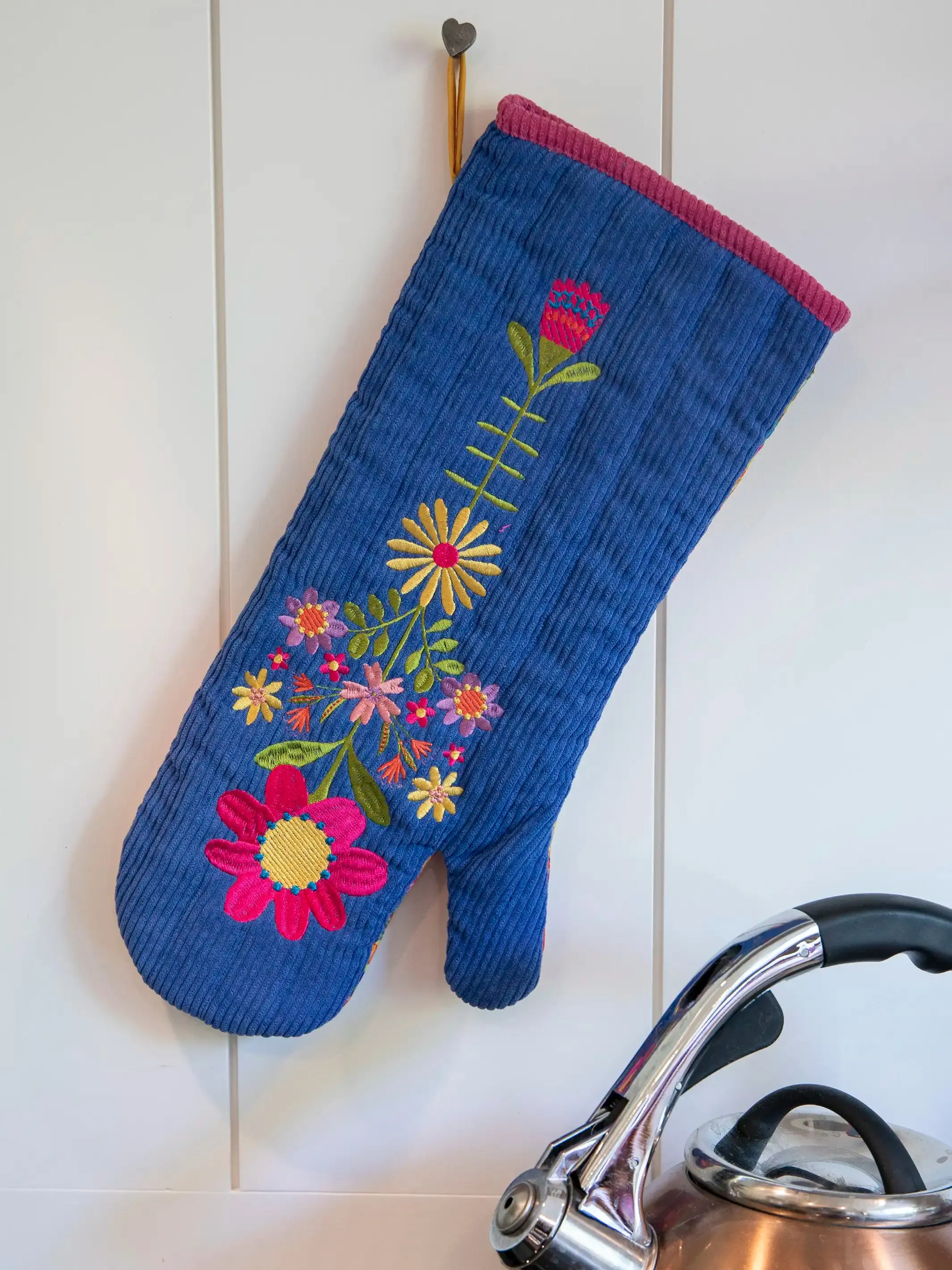 Bake Happy Double-Sided Oven Mitt - Blue Folk Flower Patchwork