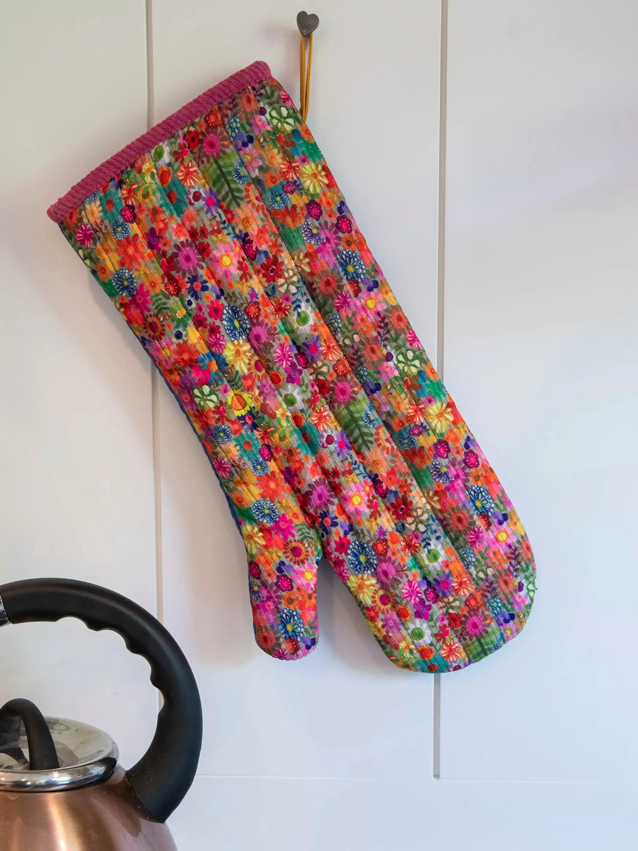 Bake Happy Double-Sided Oven Mitt - Blue Folk Flower Patchwork