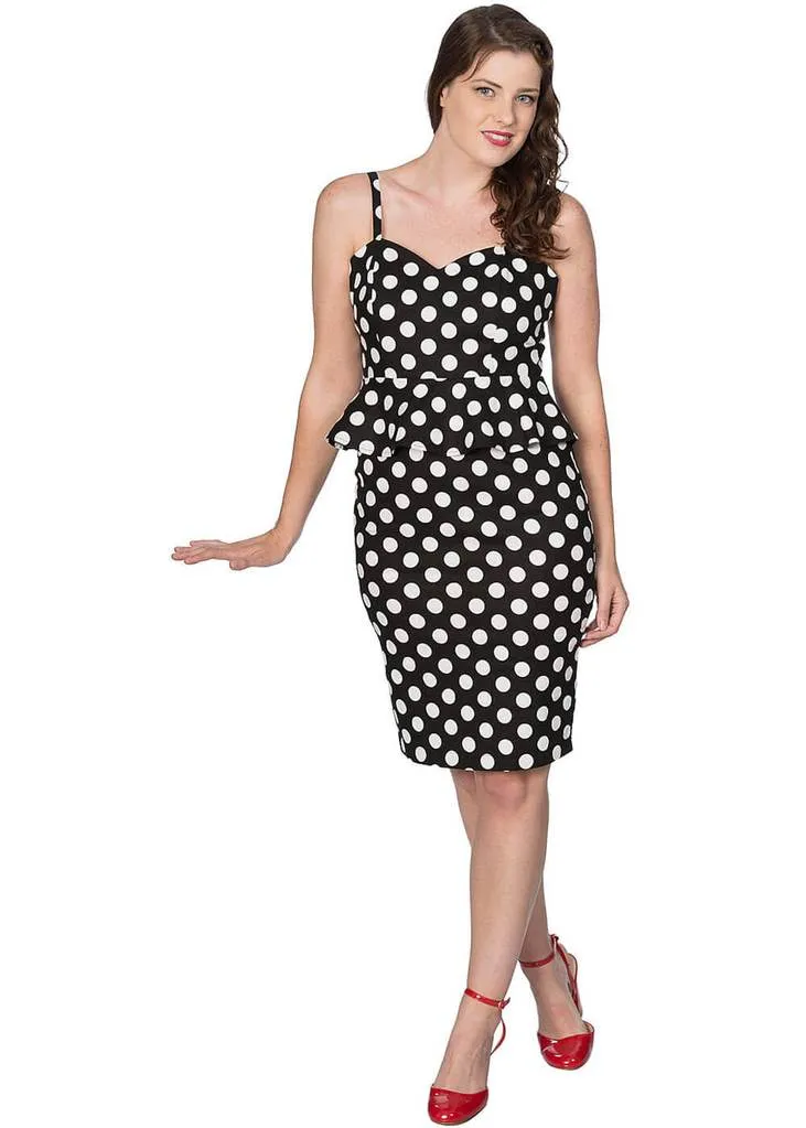 Banned Peplum Polkadot 50's Pencil Dress Black