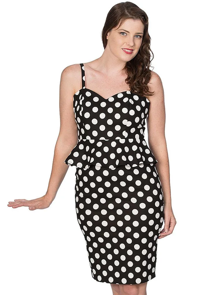 Banned Peplum Polkadot 50's Pencil Dress Black