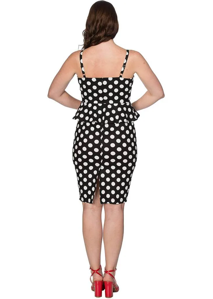 Banned Peplum Polkadot 50's Pencil Dress Black