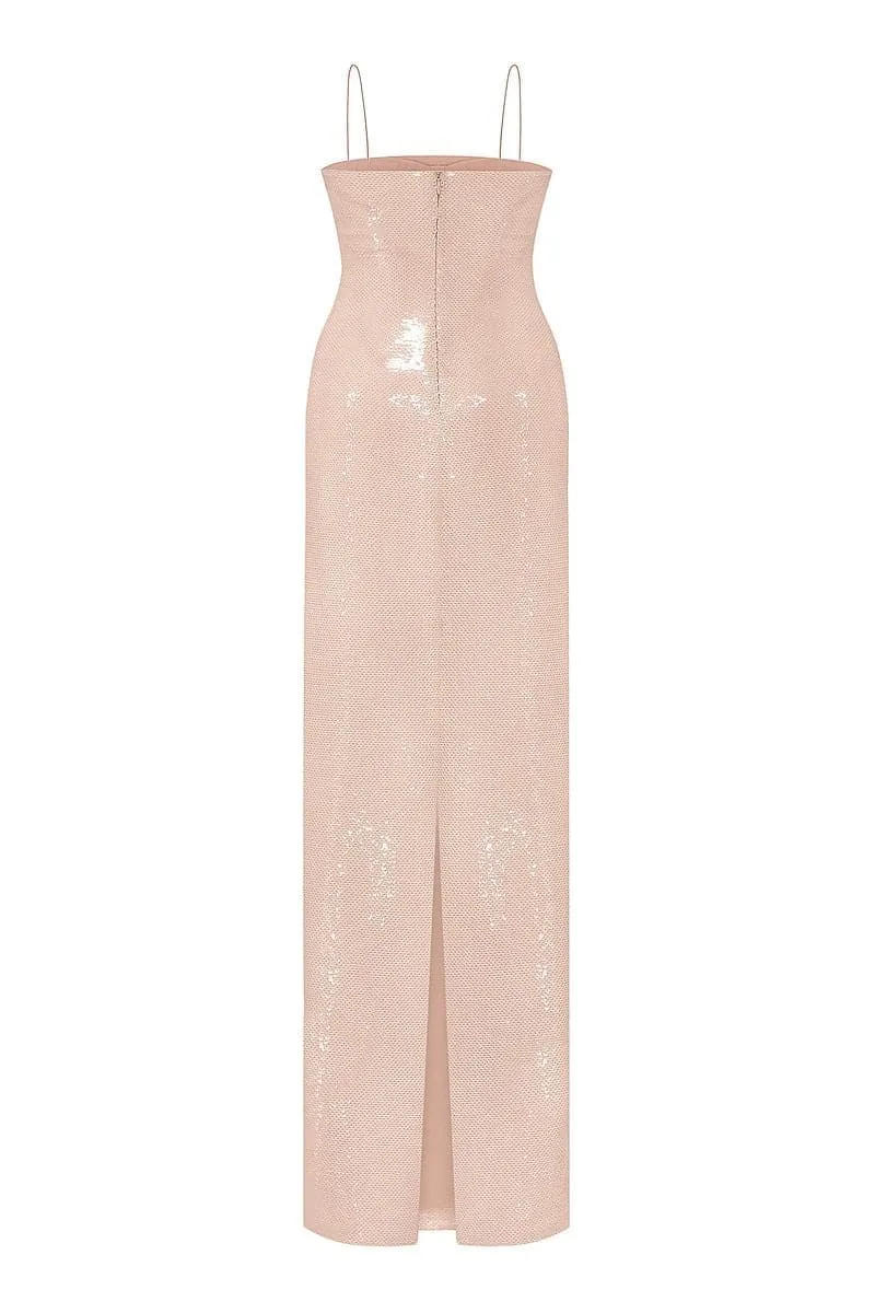 BARE GLOSSY SEQUIN MAXI DRESS