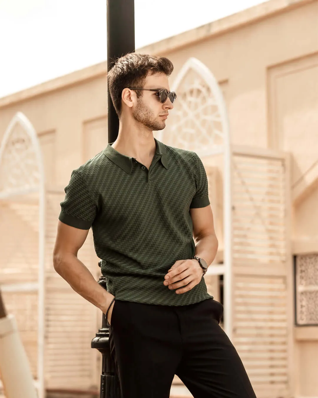 Basketweave Knit Polo Tee - Forest Green