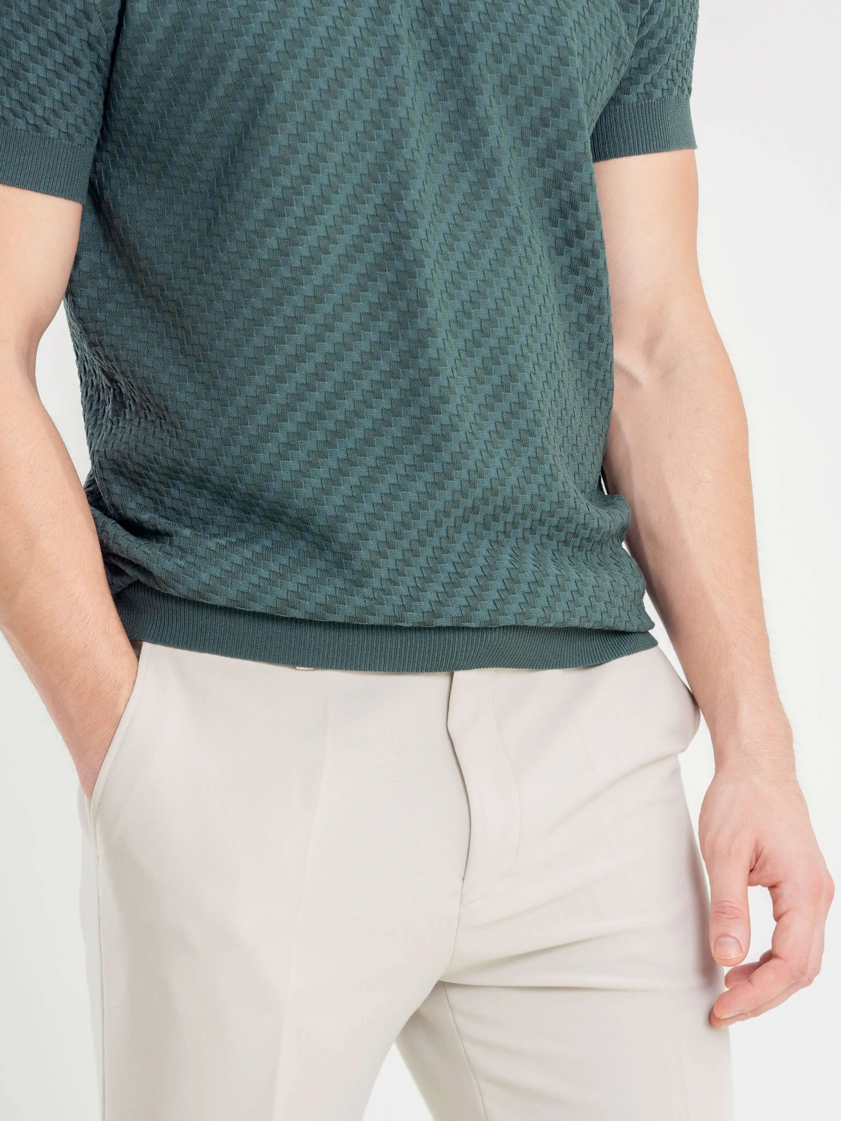 Basketweave Knit Polo Tee - Forest Green