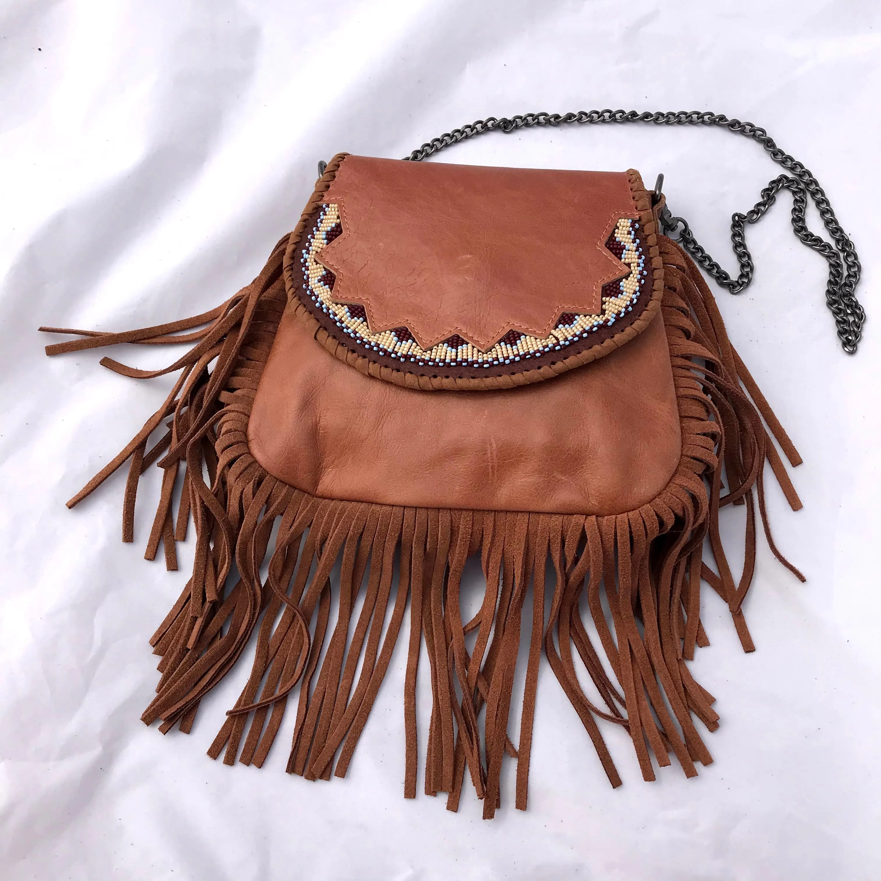 Beaded Leather Fringe Purse